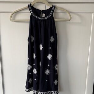 Loft dark blue Sleeveless Top with White Embroidery. Size small